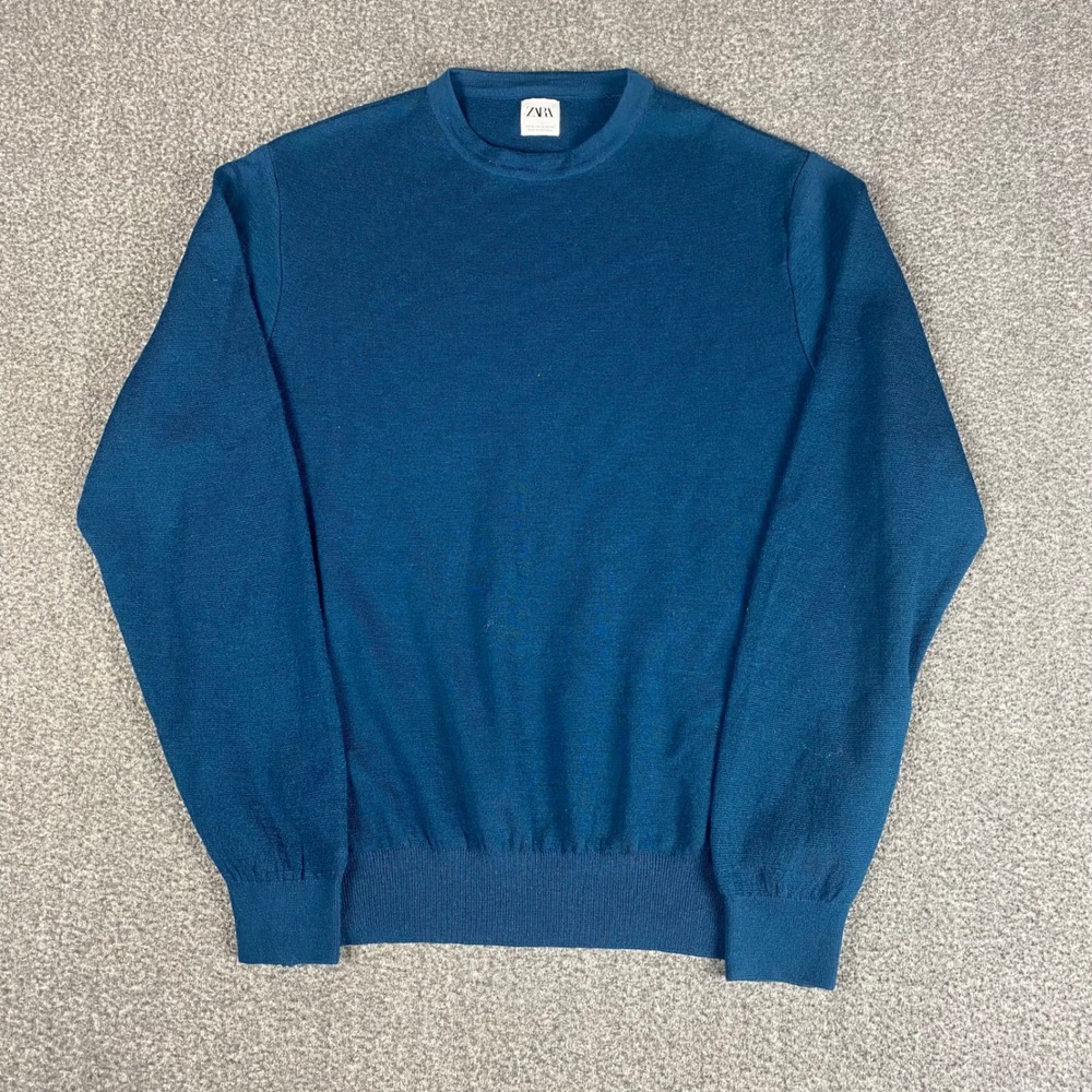 Zara Man Wool Blend Crewneck Sweater Teal Blue Knit Pullover Mens XL